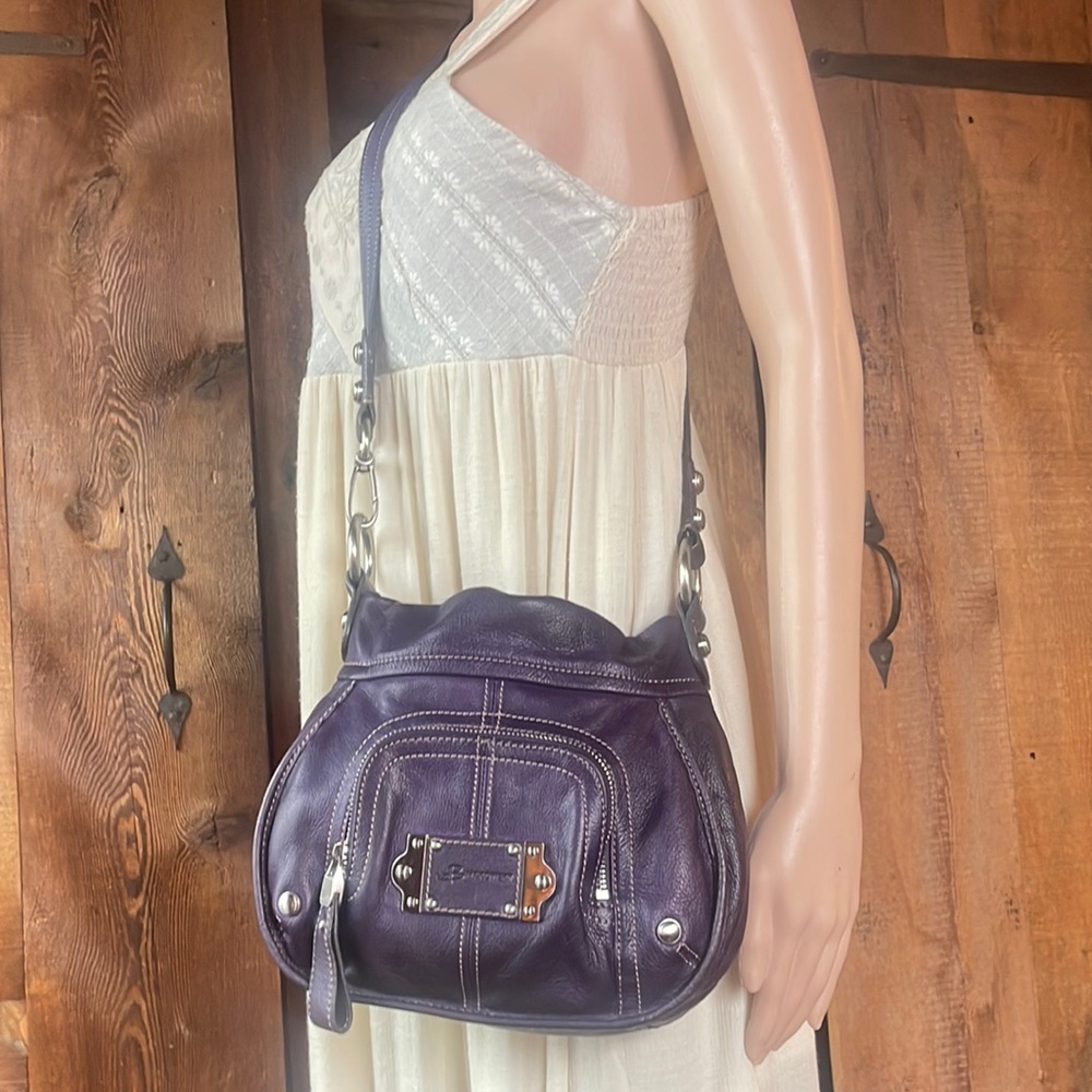 B Makowsky purple leather crossbody bag built in wallet purse